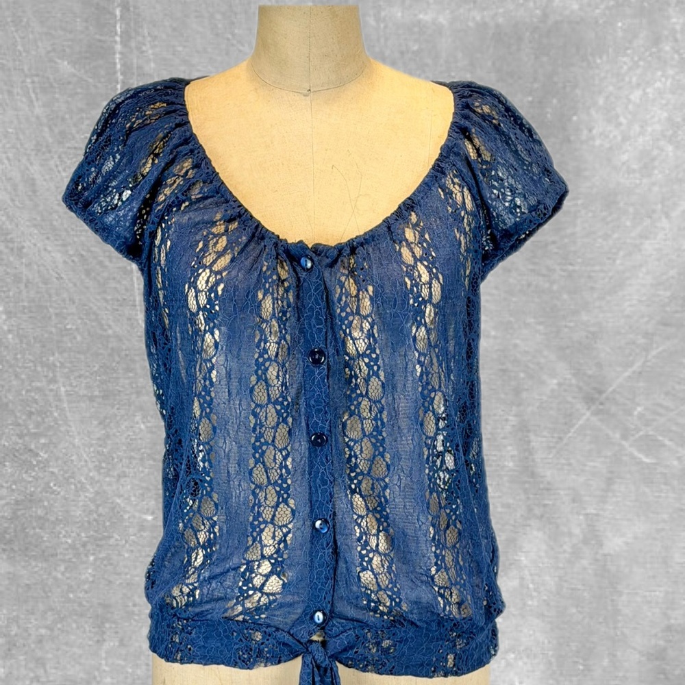 Royal blue lace tie front waist top short sleeve button down sheer layer‎ boho
